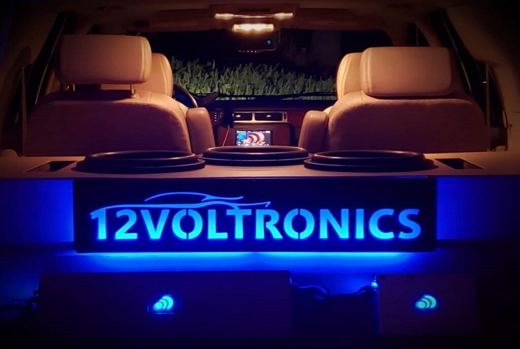 Custom car audio install with lit 12VolTronics sub enclosure